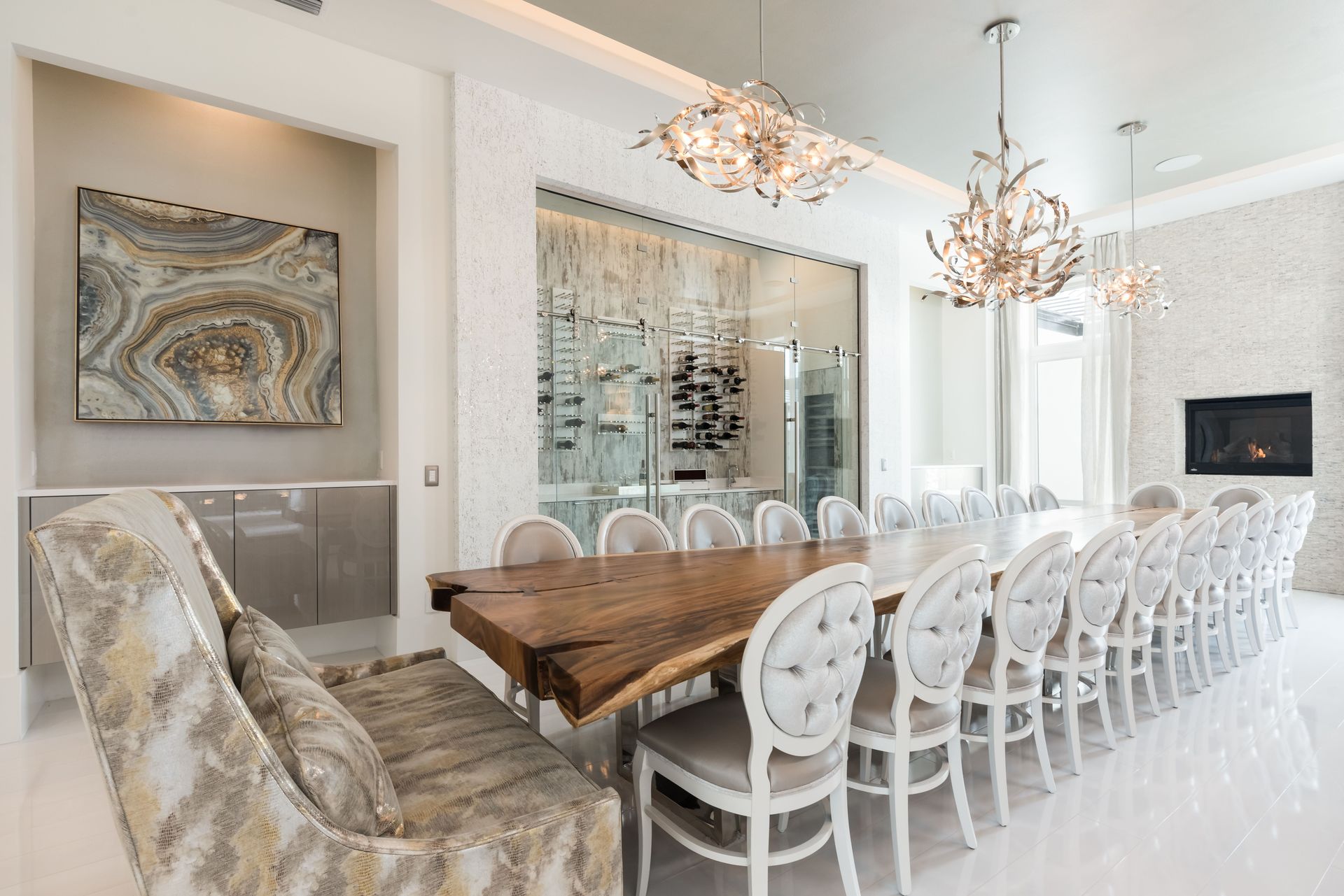 Grand dining room with live-edge table and wine cellar
